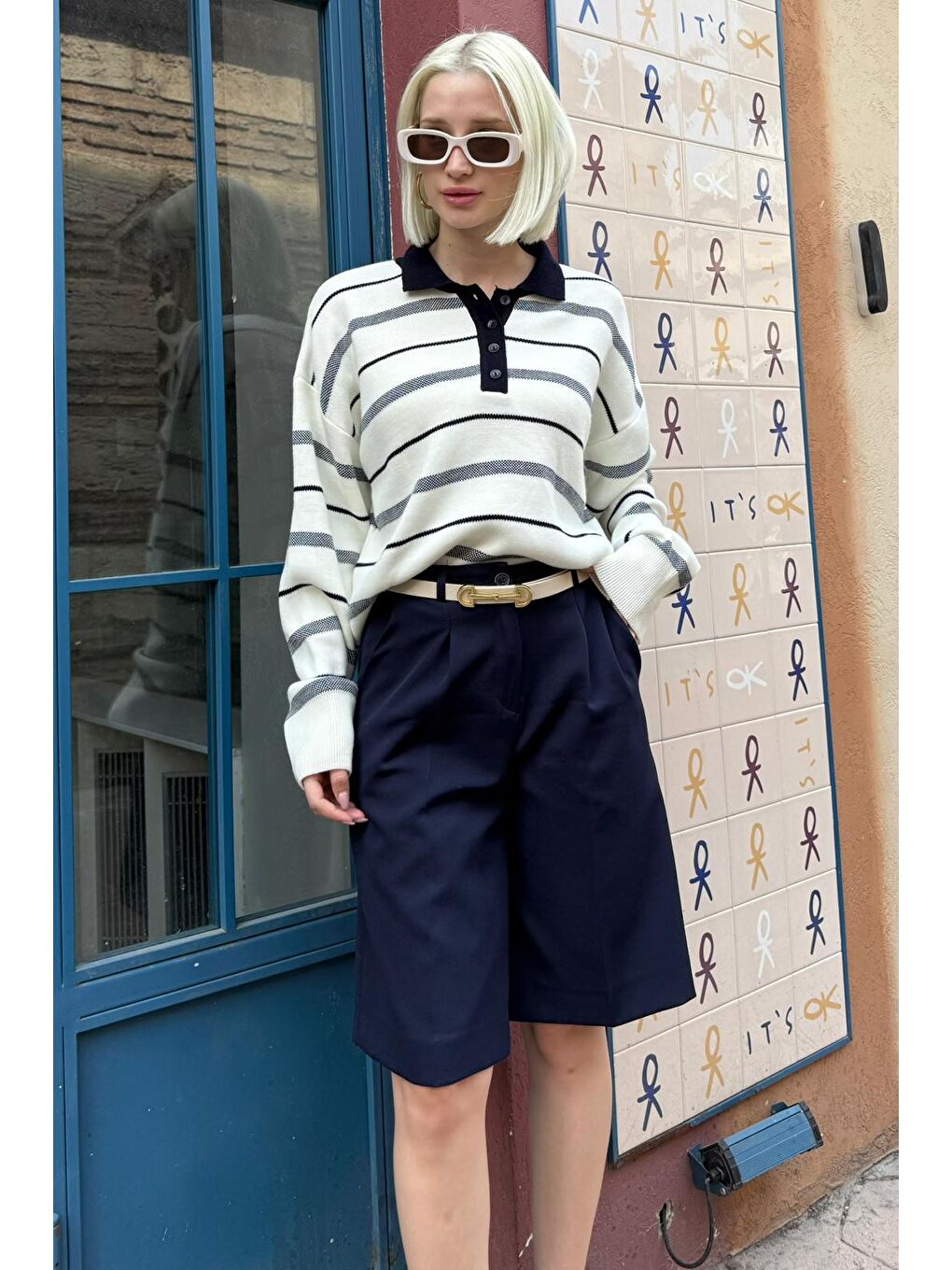 Beyaz Kemik Rengi Çizgili Polo Yaka Kadın Kazak Mg2476-3