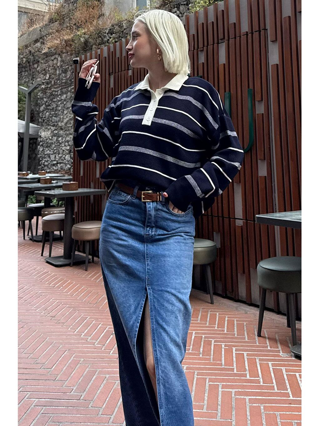 Lacivert Çizgili Polo Yaka Kadın Kazak Mg2476-5