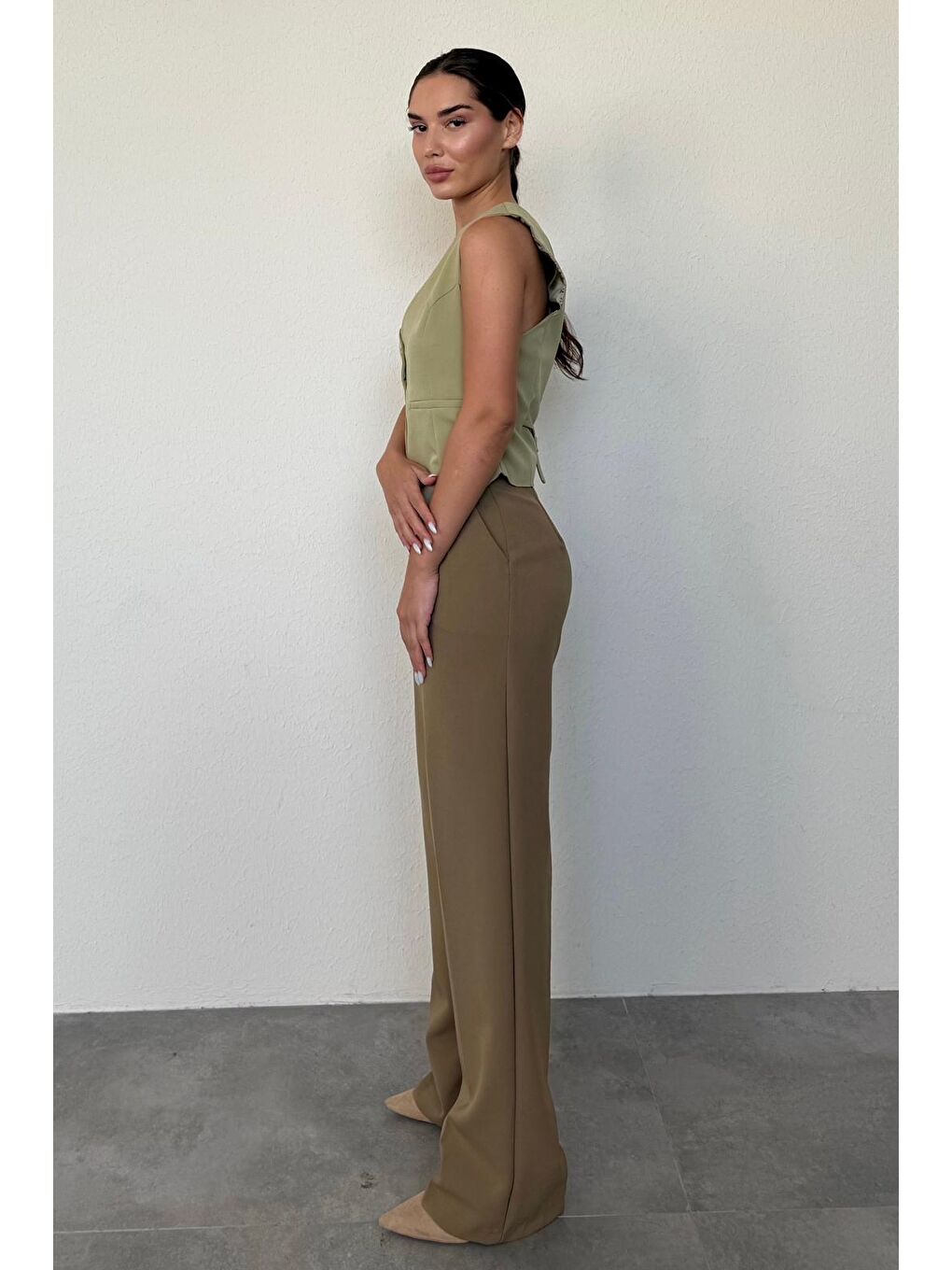 Haki Yüksek Bel Kadın Palazzo Pantolon Mg2506-5