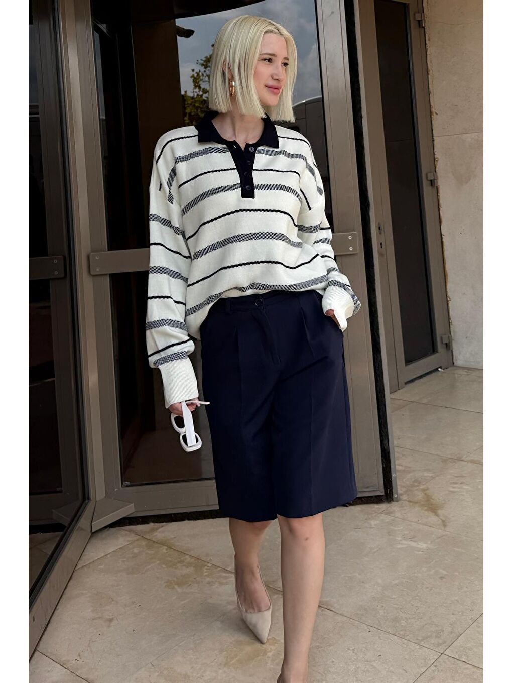 Beyaz Kemik Rengi Çizgili Polo Yaka Kadın Kazak Mg2476-5