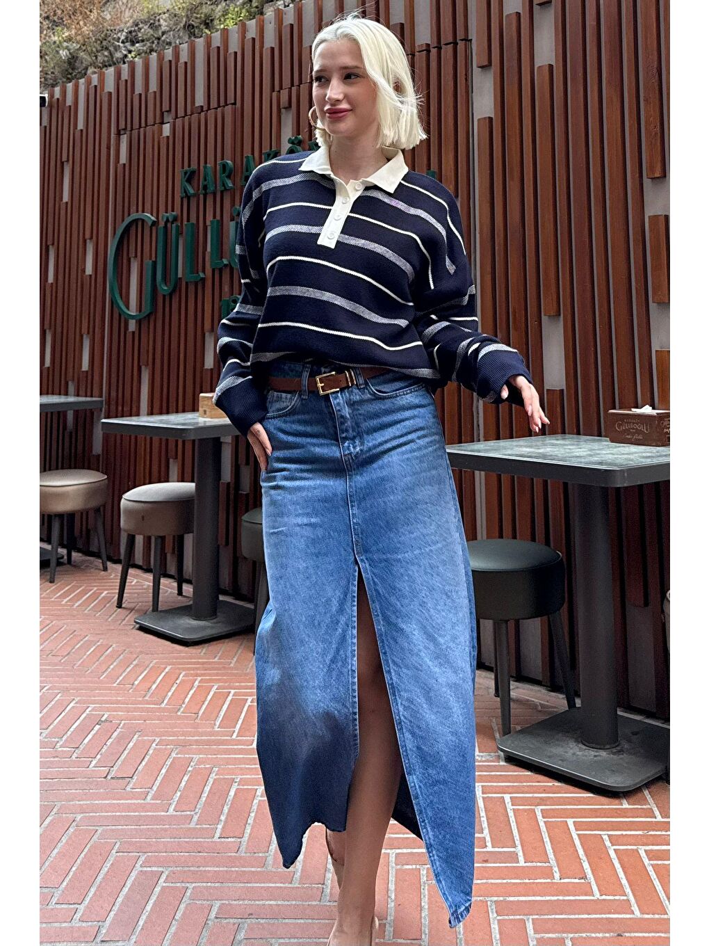 Lacivert Çizgili Polo Yaka Kadın Kazak Mg2476-7