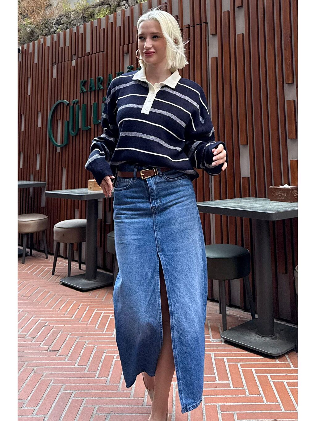 Lacivert Çizgili Polo Yaka Kadın Kazak Mg2476-8