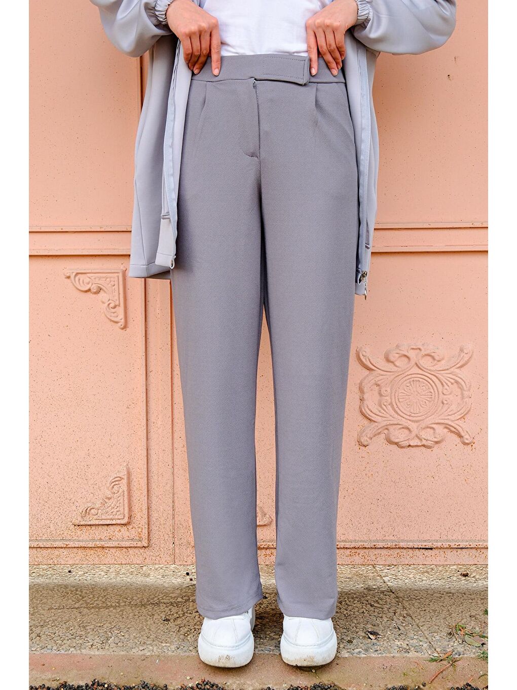 Yüksek Bel Lastikli Bol Paça Pantolon Gri-3