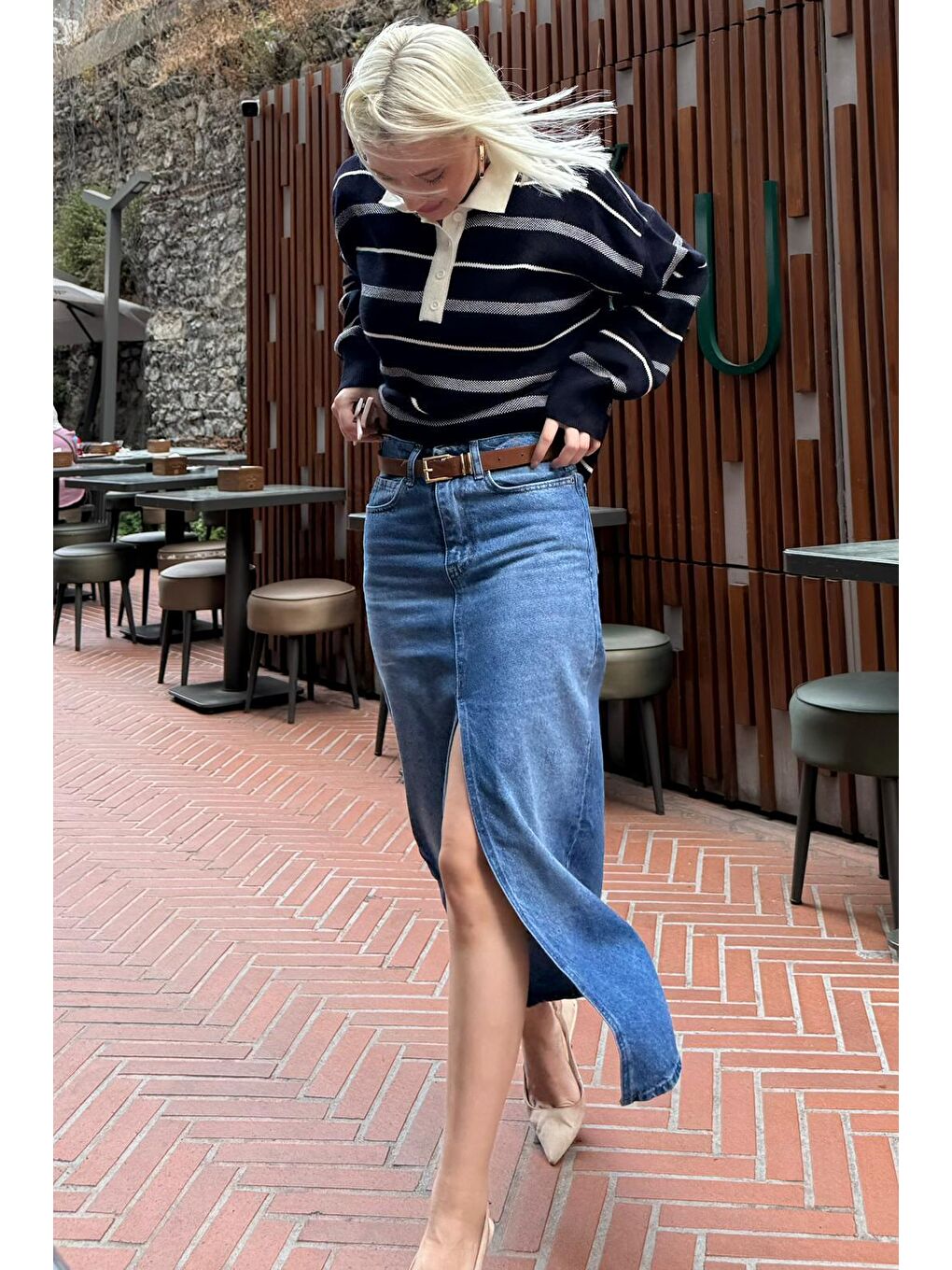 Lacivert Çizgili Polo Yaka Kadın Kazak Mg2476-9