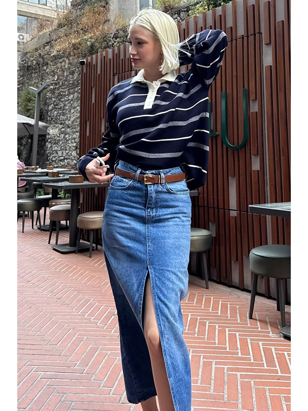 Lacivert Çizgili Polo Yaka Kadın Kazak Mg2476-10