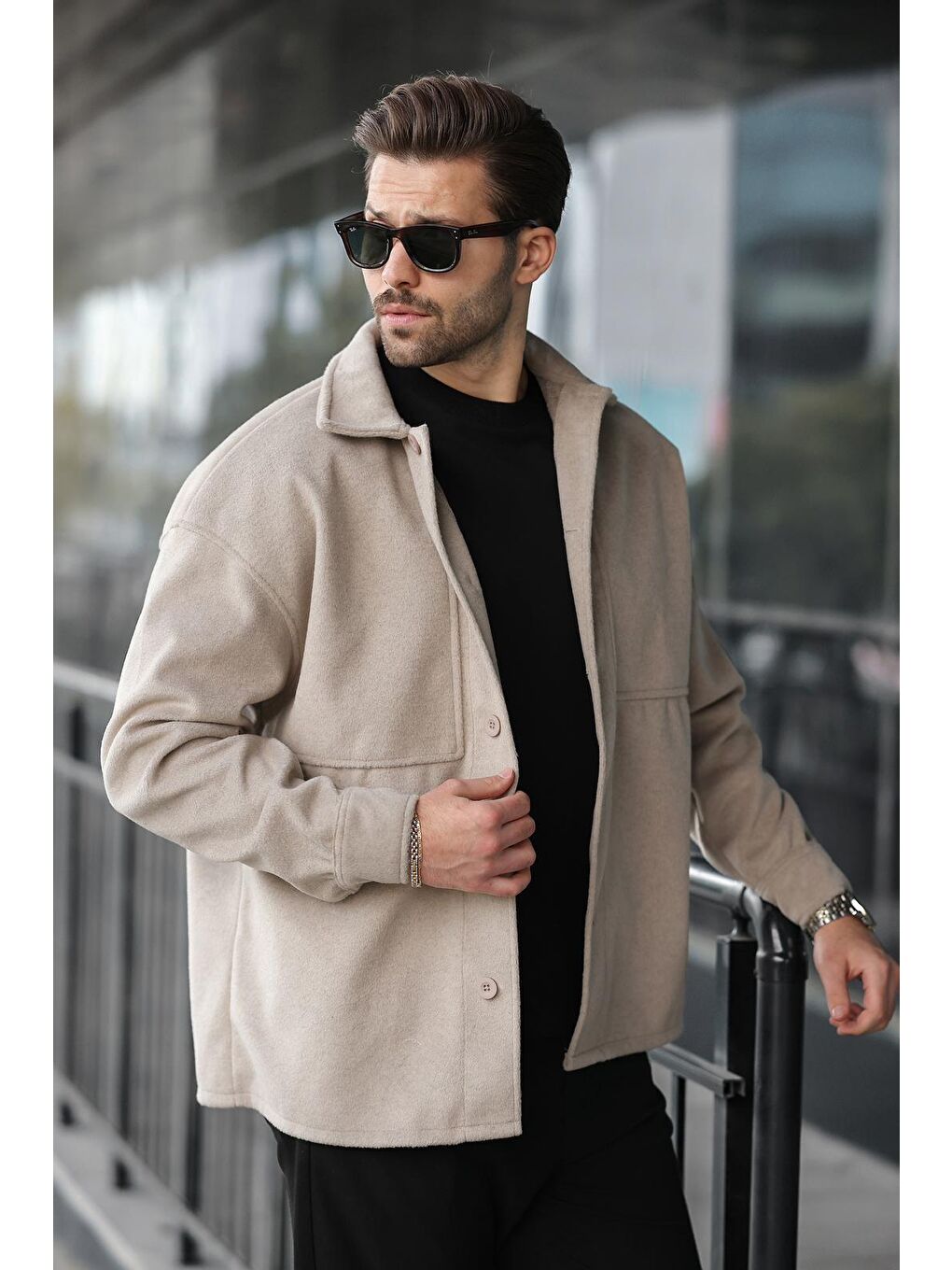 Bej Taş Rengi Kaşe Gömlek Erkek Ceket E6765-1