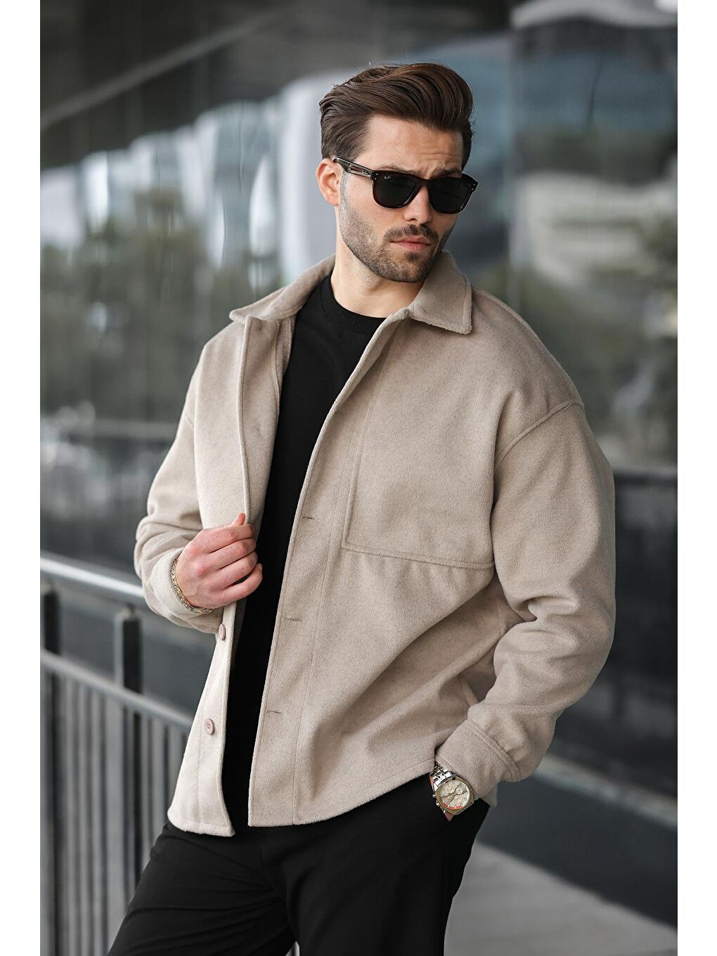 Bej Taş Rengi Kaşe Gömlek Erkek Ceket E6765-4