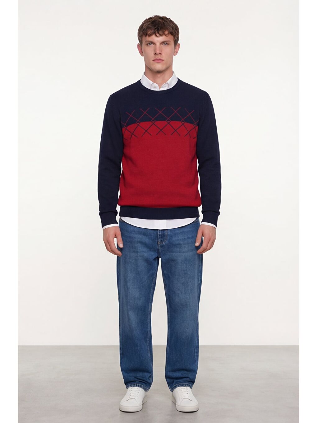 Erkek Lacivert-Kırmızı Normal Kesim Regular Fit Yünlü Dokuma Desenli Triko Kazak-1