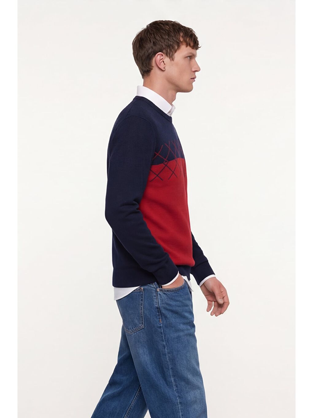 Erkek Lacivert-Kırmızı Normal Kesim Regular Fit Yünlü Dokuma Desenli Triko Kazak-2