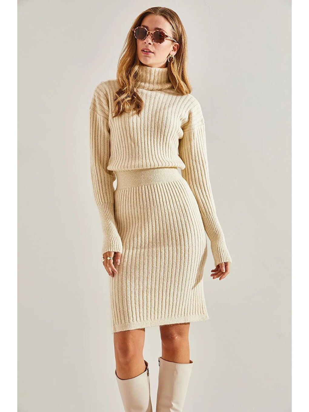 Ekru Balıkçı Yaka Kazak Beli Lastikli Etekli Alt Üst Triko Takım-1