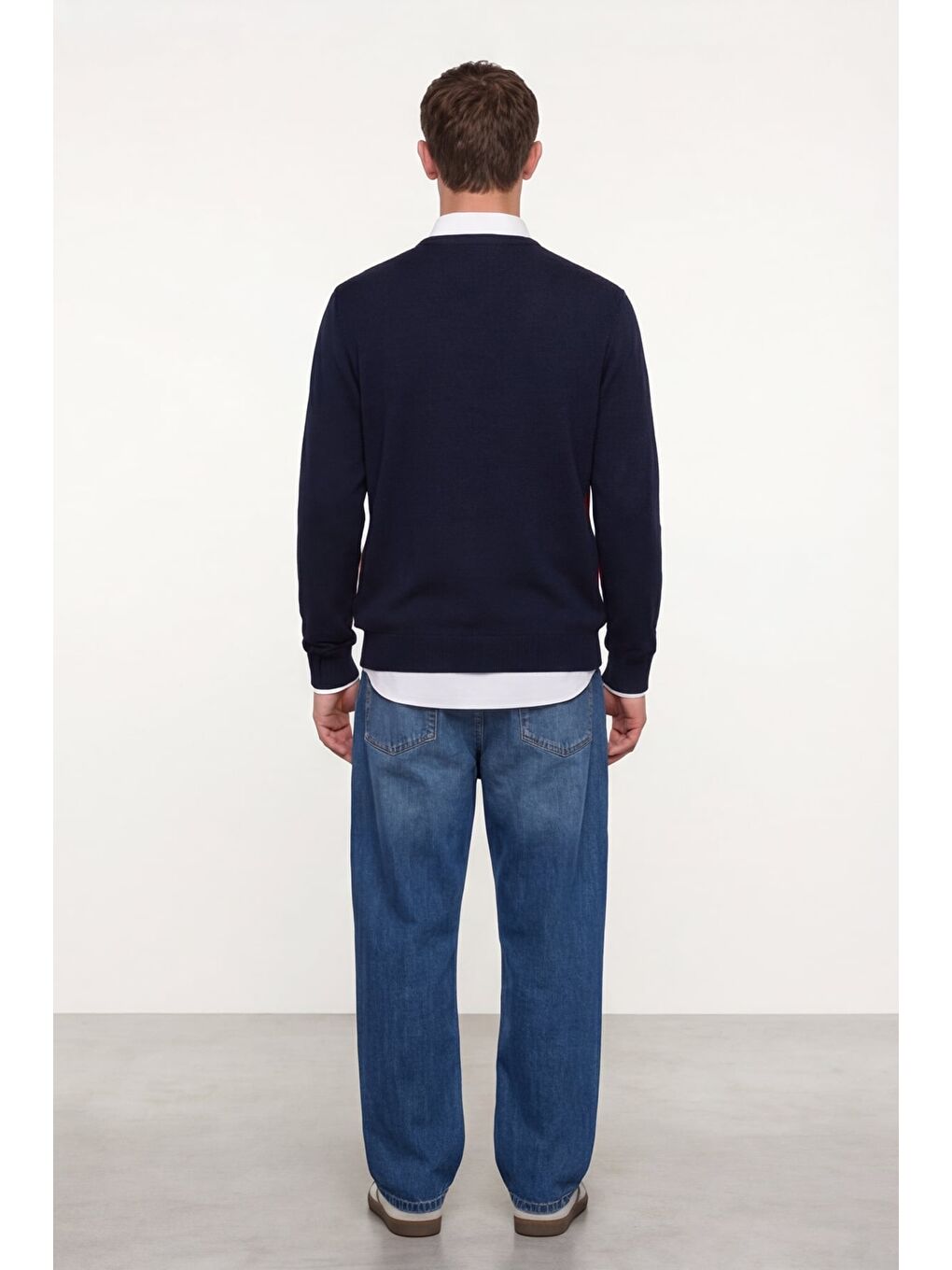 Erkek Lacivert-Kırmızı Normal Kesim Regular Fit Yünlü Dokuma Desenli Triko Kazak-3