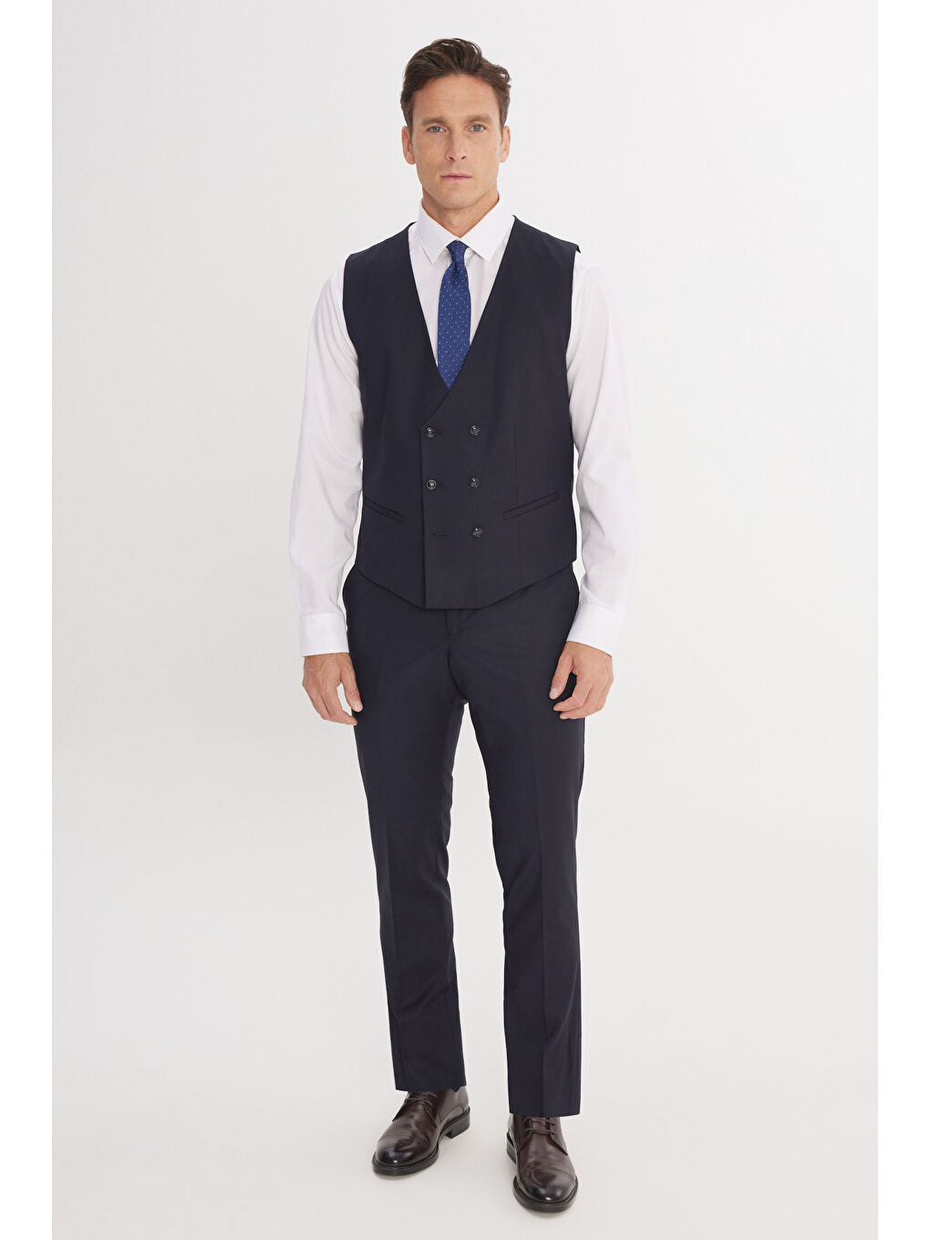 Mavi Erkek Koyu Lacivert-Beyaz Slim Fit Mono Yaka Kareli Kapak Cepli Yelekli Takım Elbise-3