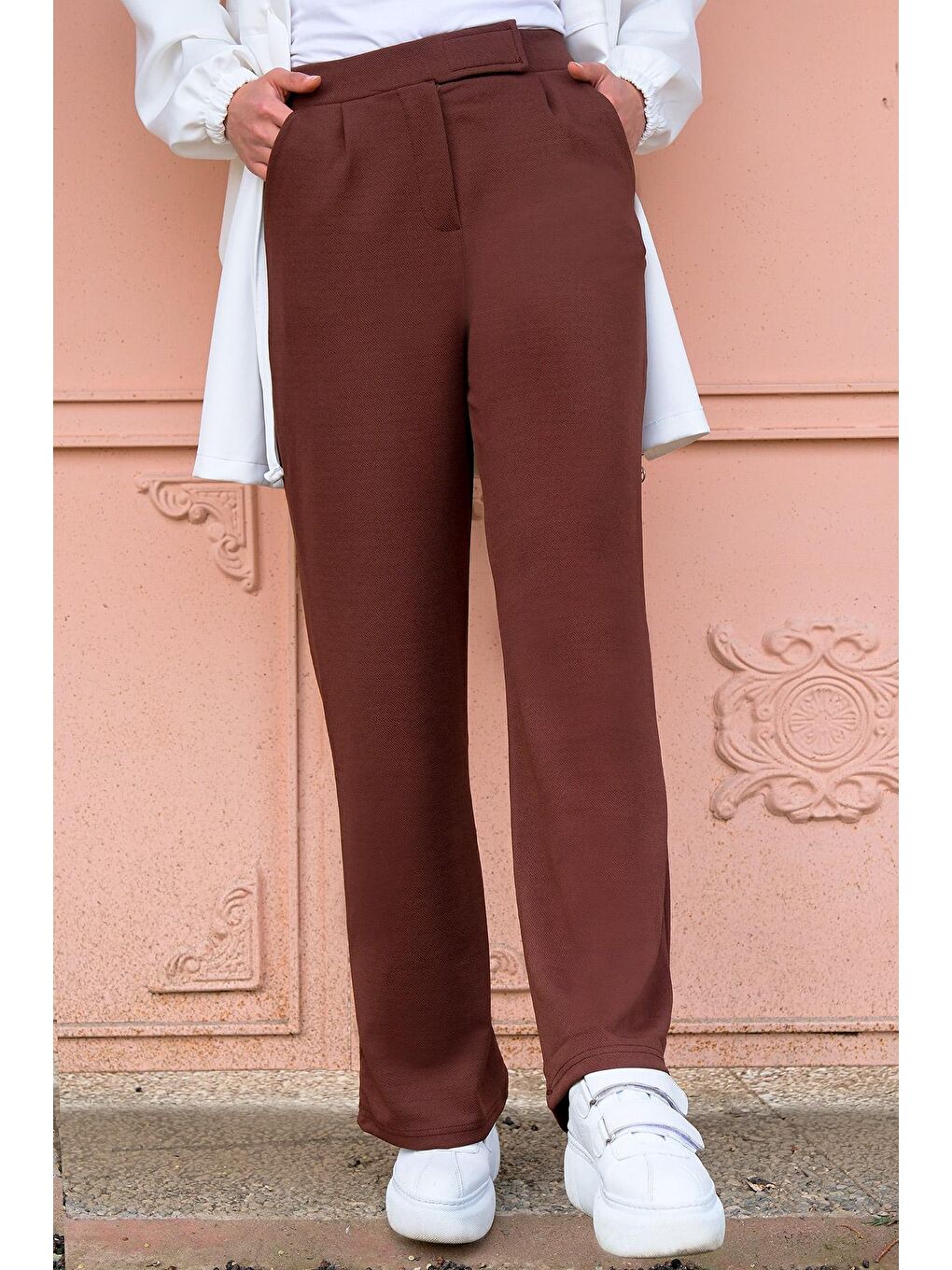 Yüksek Bol Paça Pantolon Kahverengi-1