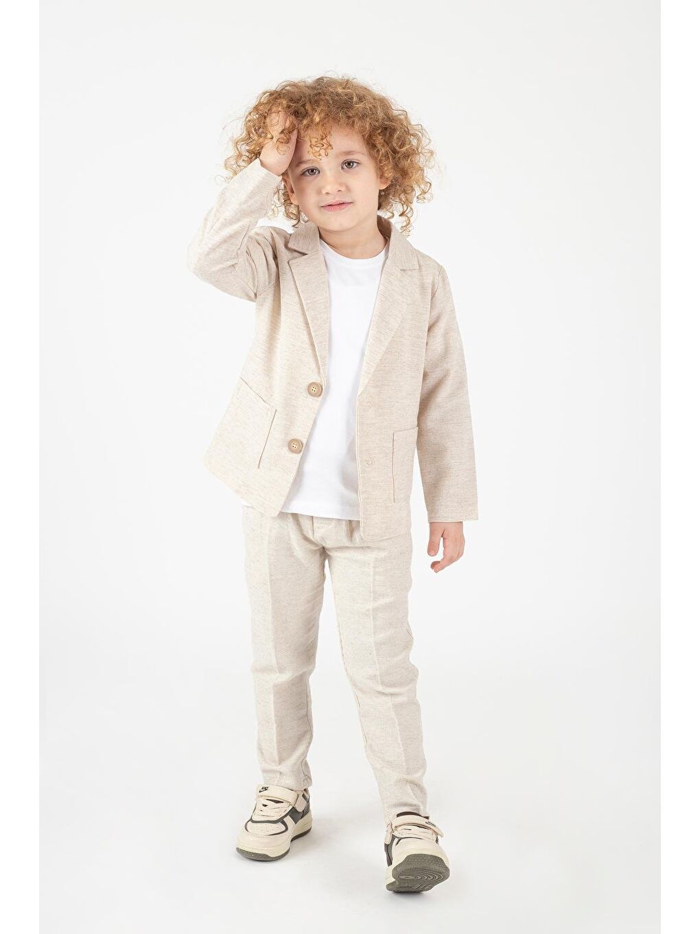 Karışık Erkek Çocuk Keten Siyah Ceket Pantolon Beyaz T-Shirt Alt-Üst 3'Lü Takım