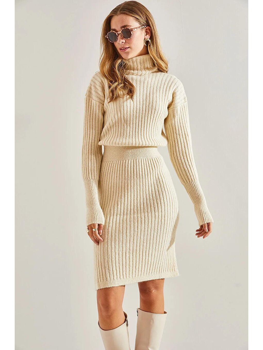 Ekru Balıkçı Yaka Kazak Beli Lastikli Etekli Alt Üst Triko Takım-2