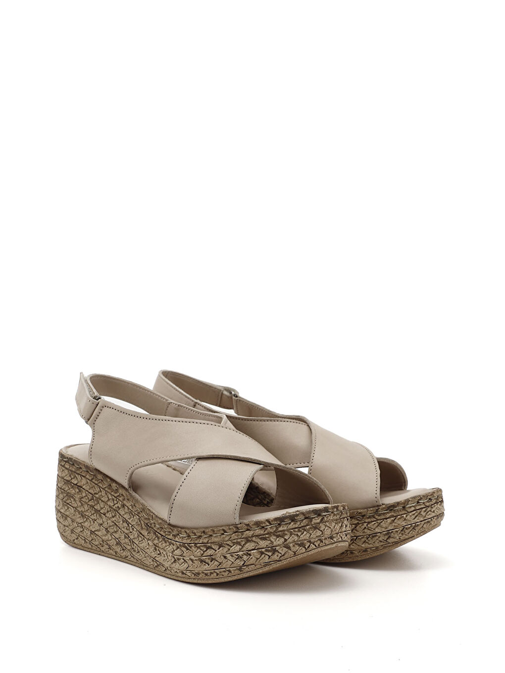 Bej Kadın BEJ-TEN RENGİ Cırt Bantlı Dolgu Tabanlı Hakiki Deri Sandalet-1