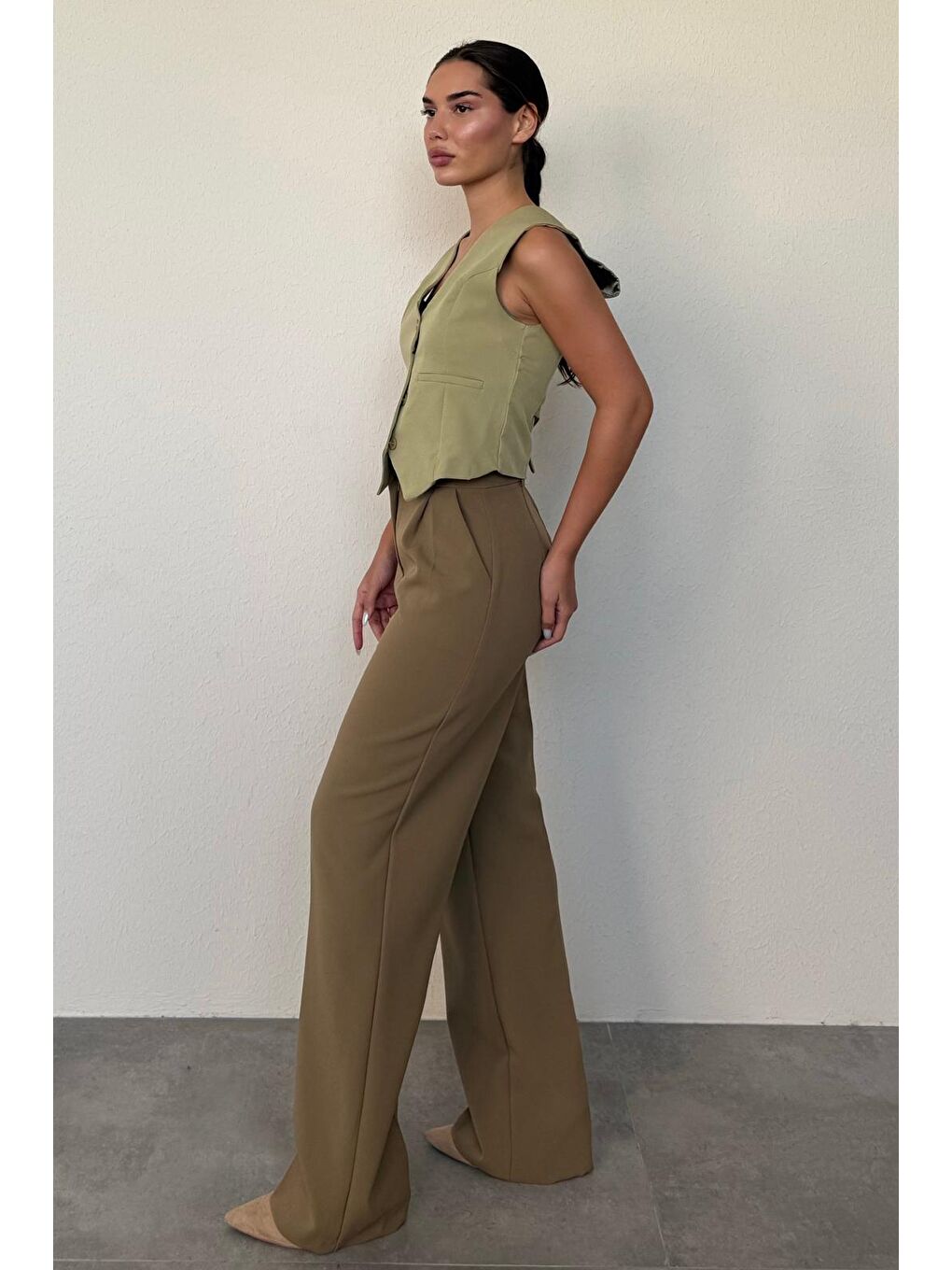 Haki Yüksek Bel Kadın Palazzo Pantolon Mg2506-9