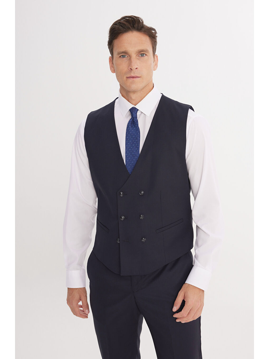 Mavi Erkek Koyu Lacivert-Beyaz Slim Fit Mono Yaka Kareli Kapak Cepli Yelekli Takım Elbise-4