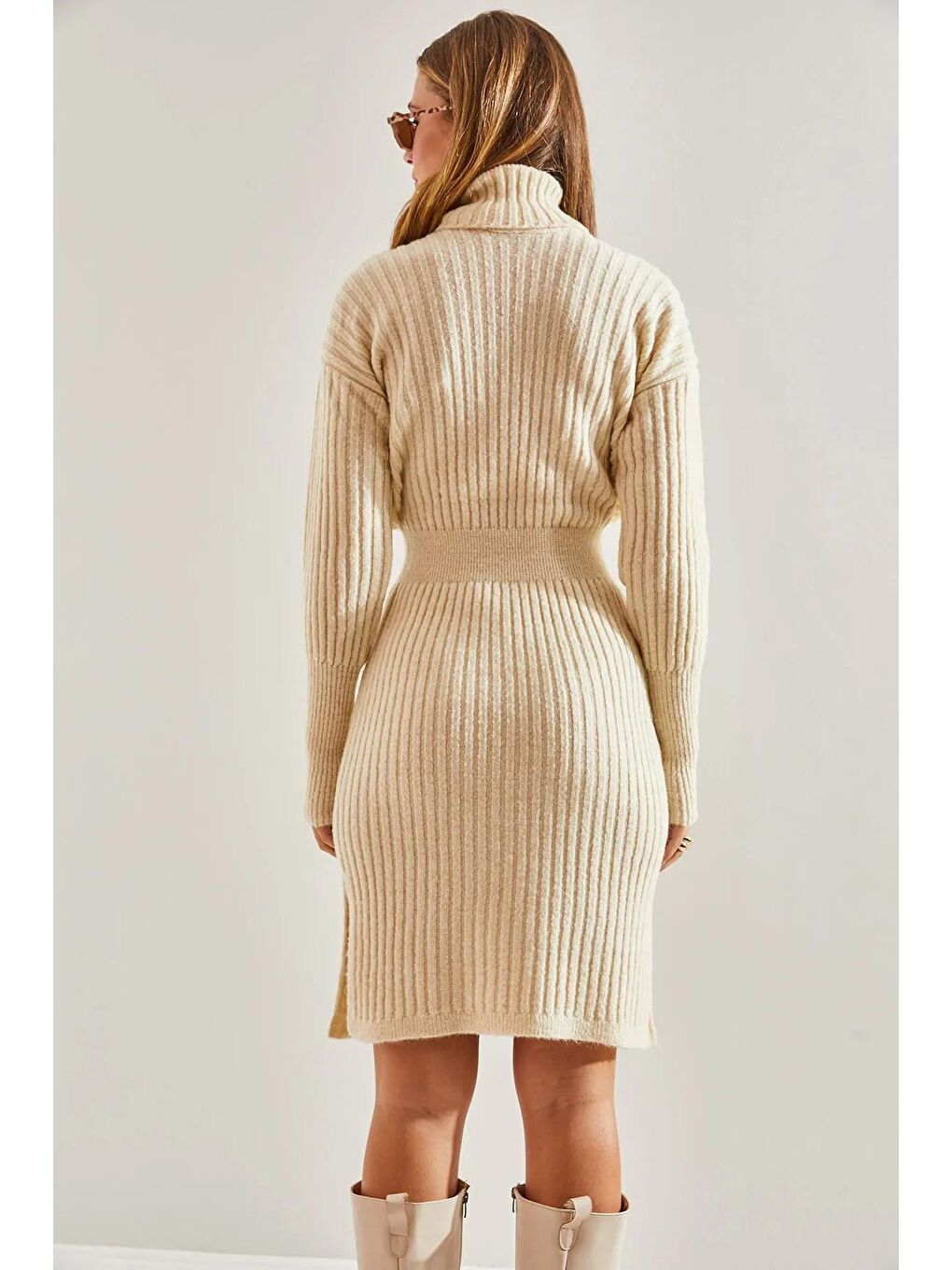 Ekru Balıkçı Yaka Kazak Beli Lastikli Etekli Alt Üst Triko Takım-3