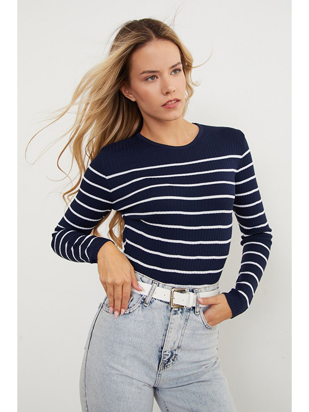 Lacivert Fitilli Çizgili Triko Kazak