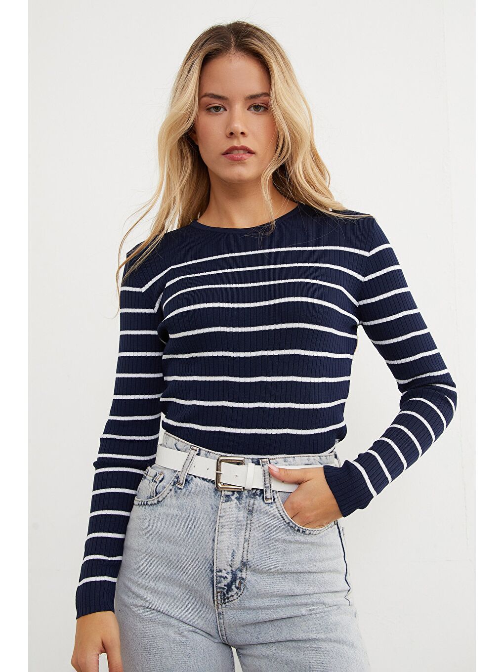 Lacivert Fitilli Çizgili Triko Kazak-2