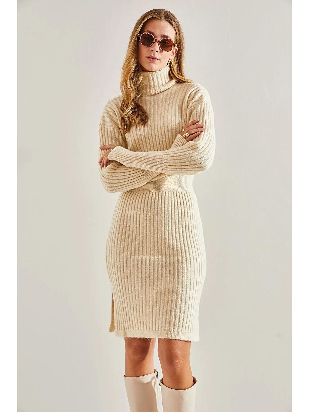 Ekru Balıkçı Yaka Kazak Beli Lastikli Etekli Alt Üst Triko Takım-4