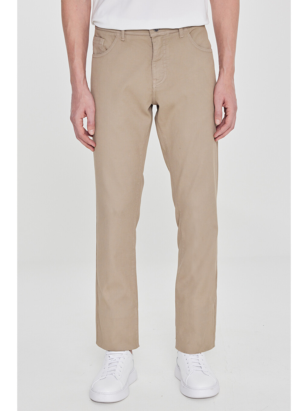 Erkek Bej Pamuklu Slim Fit Dar Kesim 5 Cepli Armürlü Esnek Pantolon-1