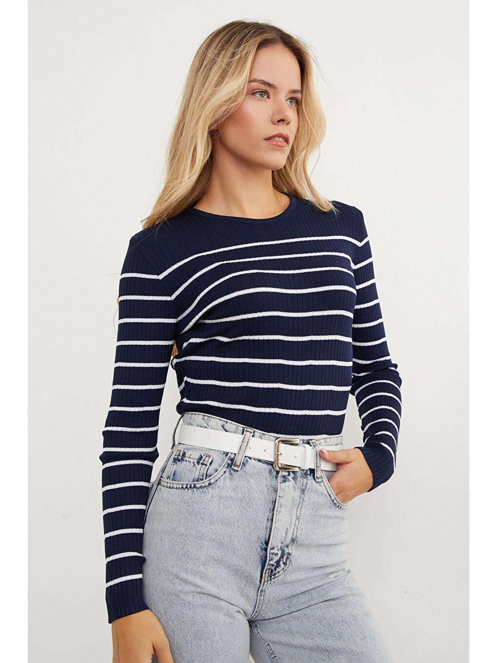 Lacivert Fitilli Çizgili Triko Kazak-3