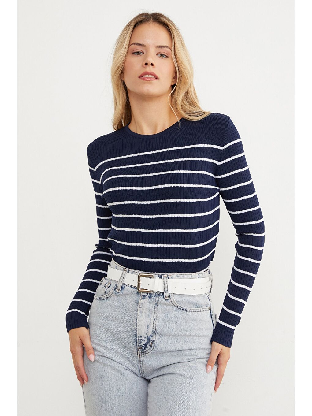 Lacivert Fitilli Çizgili Triko Kazak-4