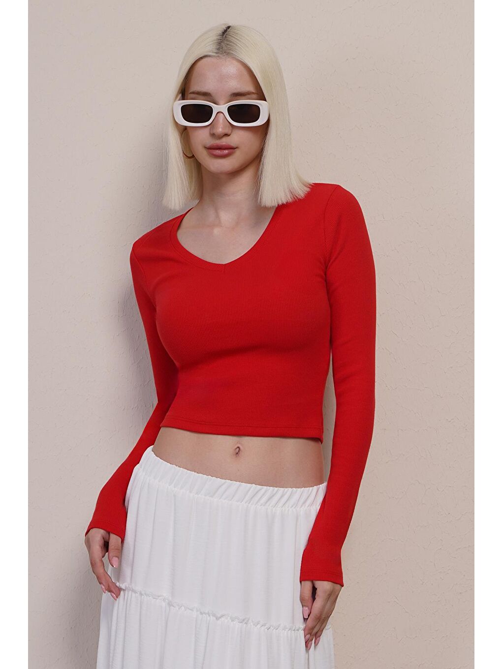 Kırmızı V Yaka Uzun Kollu Kaşkorse Body Mg2192-1