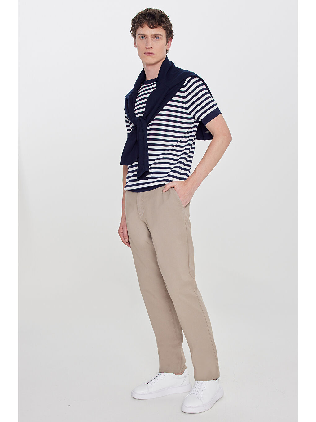 Erkek Bej Pamuklu Slim Fit Dar Kesim Yan Cepli Armürlü Esnek Pantolon