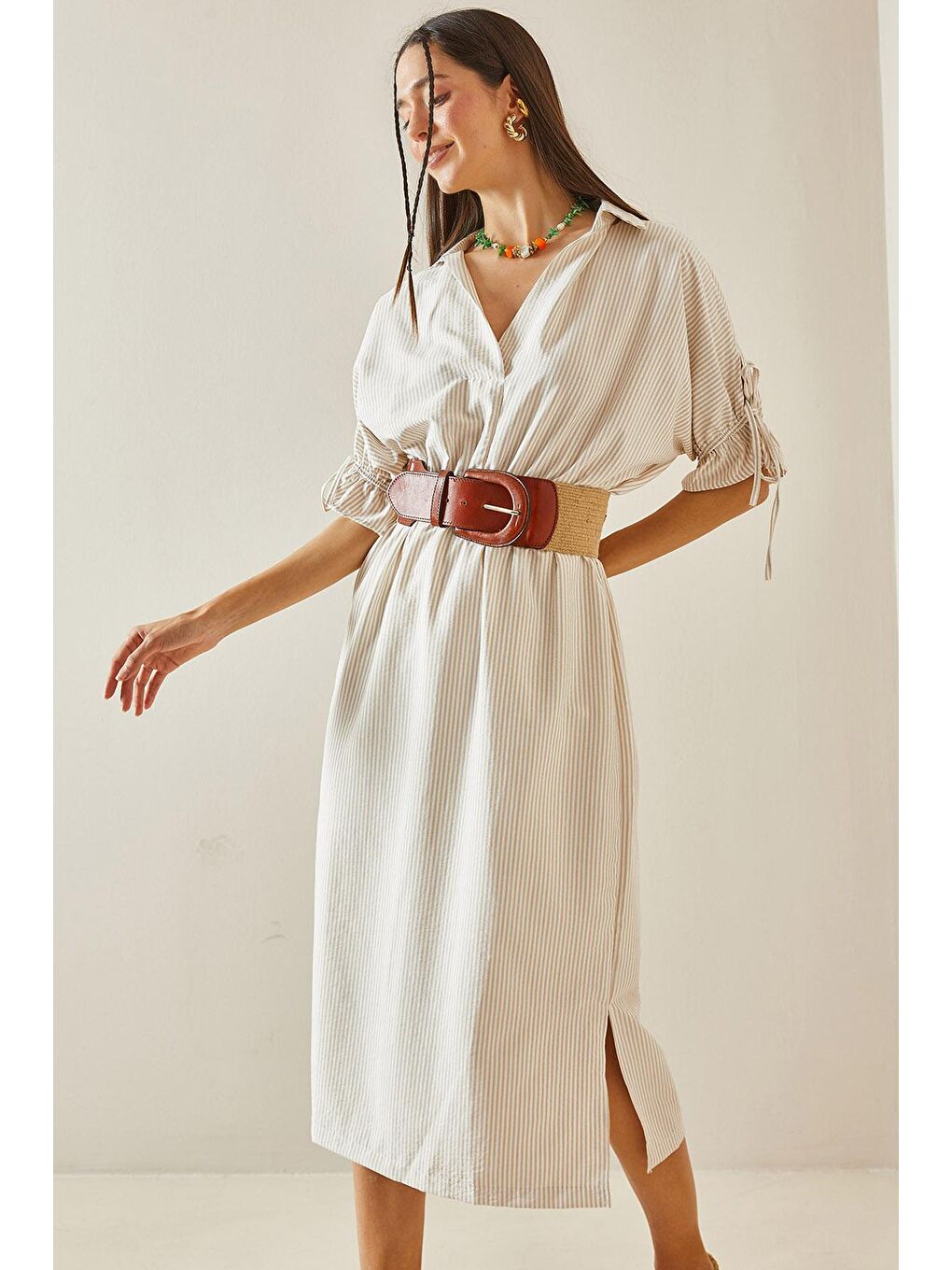 Bej Çizgili Beli Lastikli Gömlek Yaka Dokuma Elbise 5YXK6-48631-25