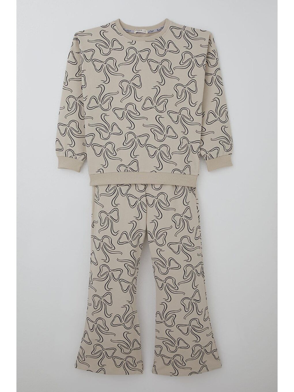 Bej Kız Çocuk Eşofman Takımı Kurdele Desenli Bel Kısmı Lastikli Taş (9-14 Yaş)