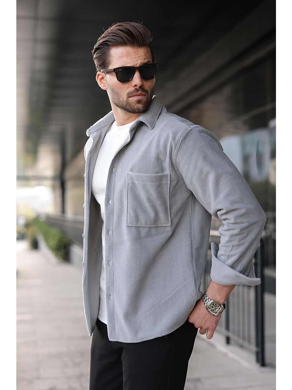Gri Düğmeli Kadife Erkek Gömlek E6766-1