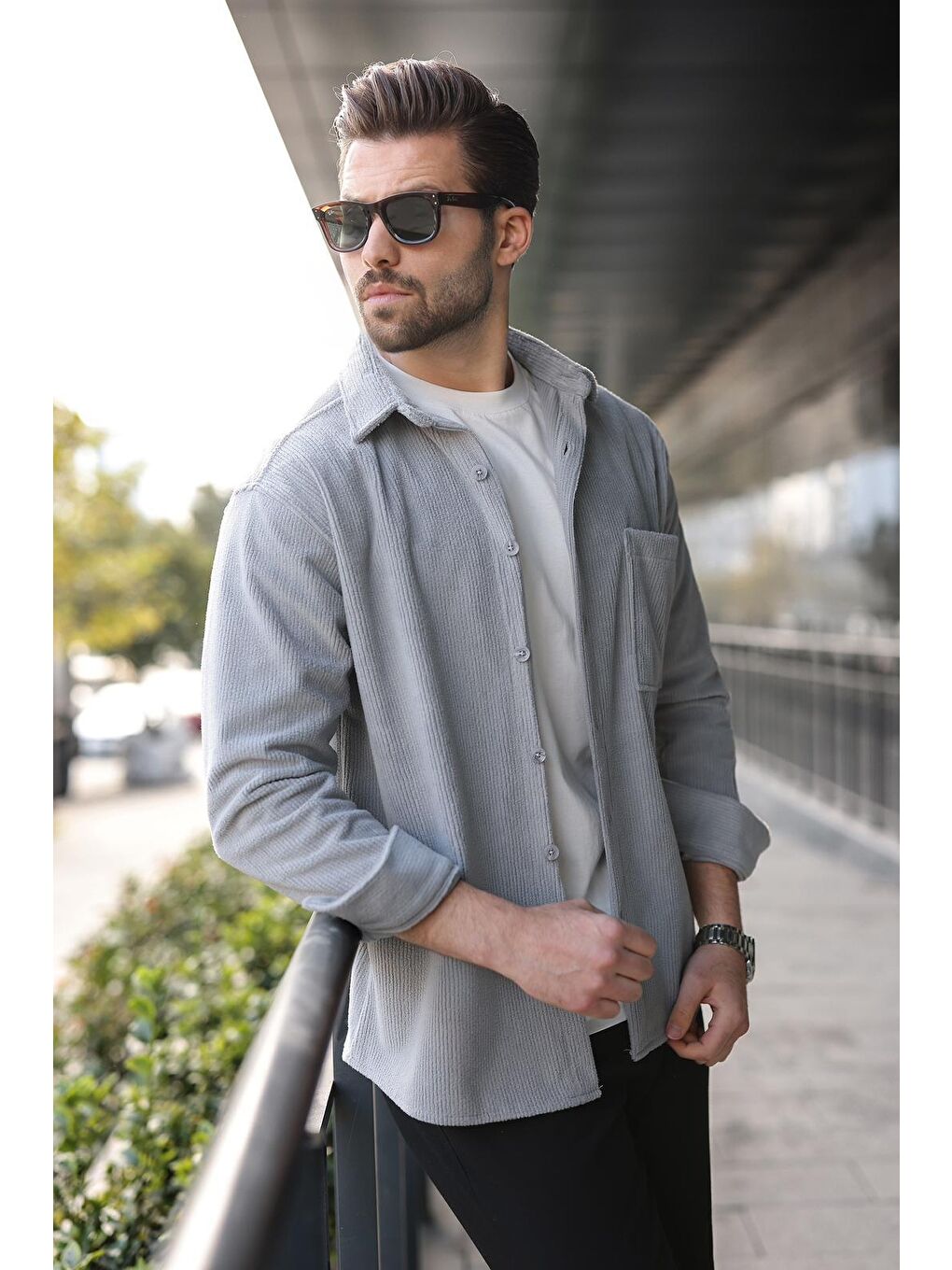 Gri Düğmeli Kadife Erkek Gömlek E6766-3
