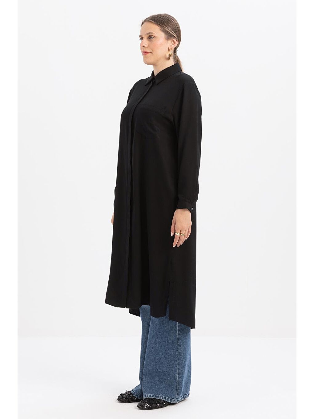 Siyah-Yırtmaçlı Cepli Uzun Gömlek-2