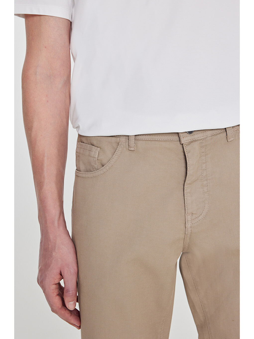 Erkek Bej Pamuklu Slim Fit Dar Kesim 5 Cepli Armürlü Esnek Pantolon-3