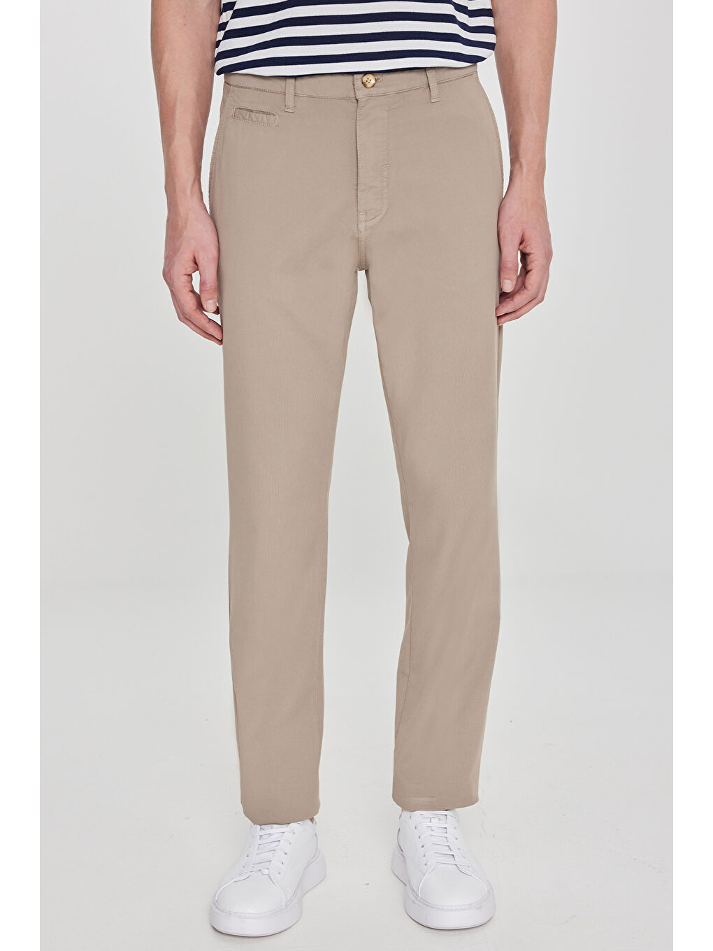 Erkek Bej Pamuklu Slim Fit Dar Kesim Yan Cepli Armürlü Esnek Pantolon-1