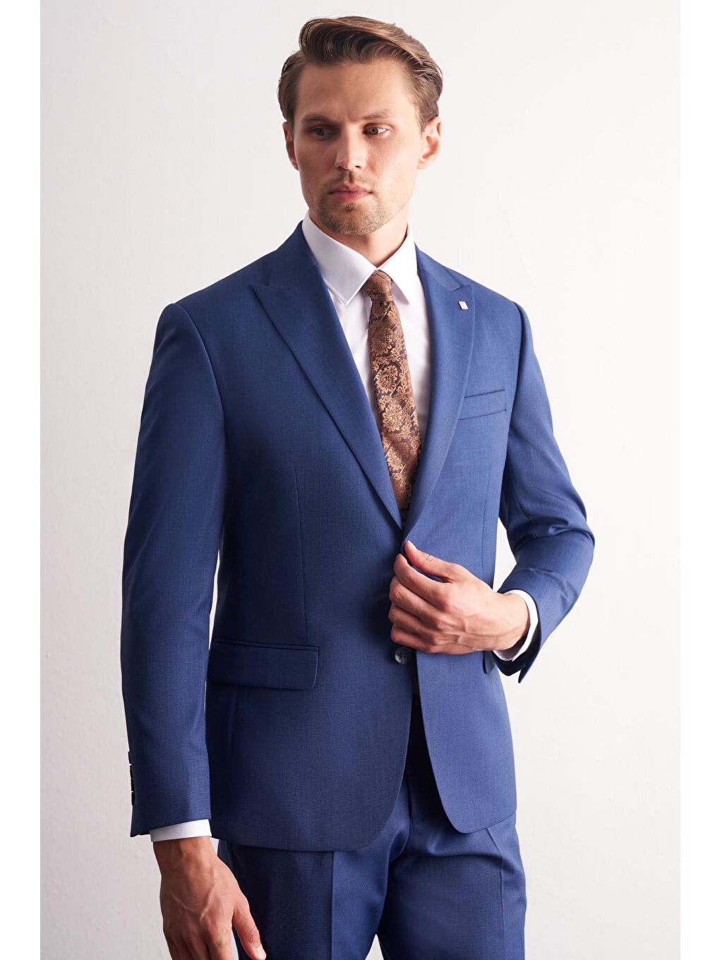 Koyu Lacivert Kırlangıç Yaka Kendinden Desenli Esnek Bel Slim Fit 6 Drop Takım Elbise 1001255168-1