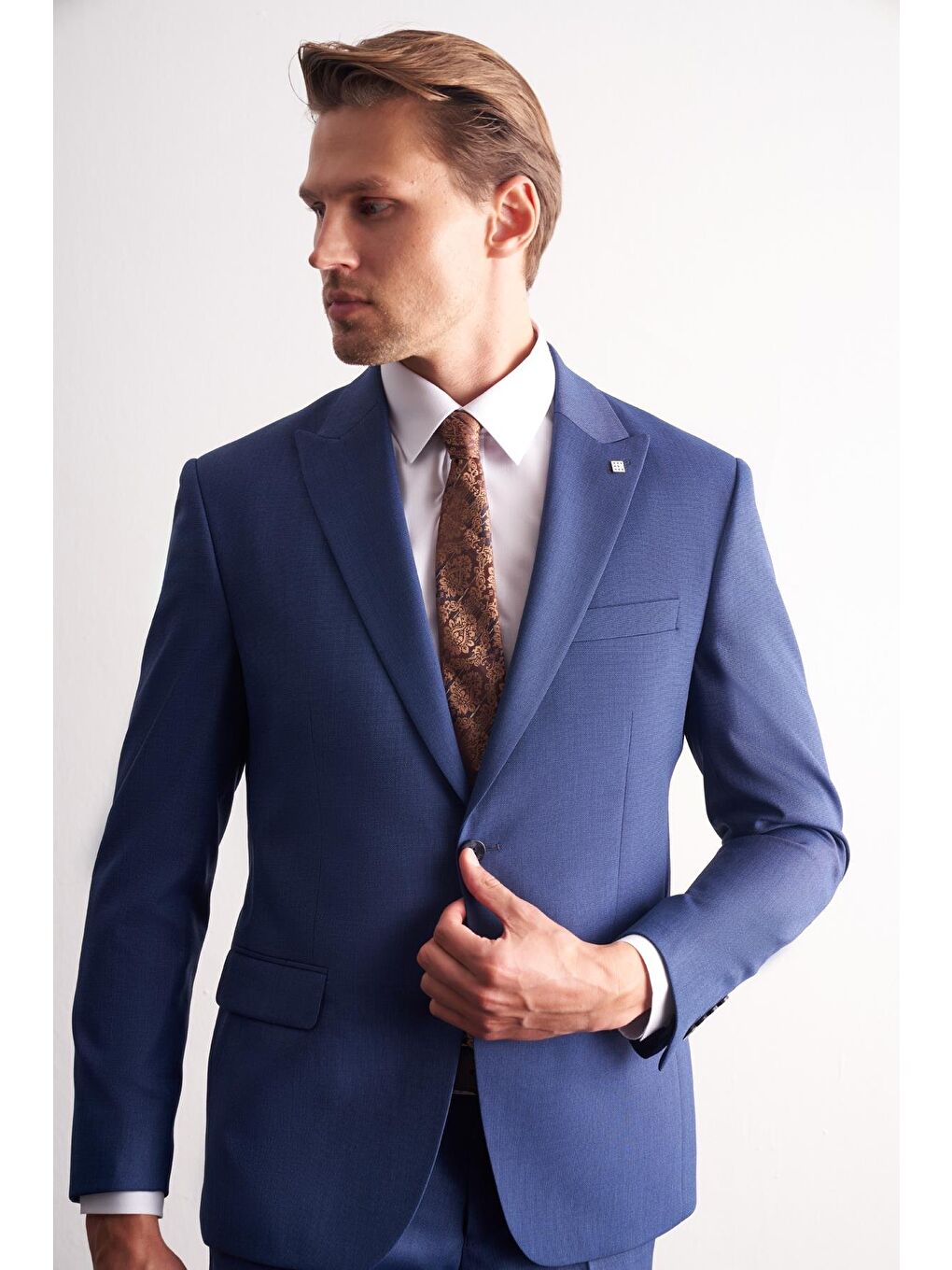 Koyu Lacivert Kırlangıç Yaka Kendinden Desenli Esnek Bel Slim Fit 6 Drop Takım Elbise 1001255168-2