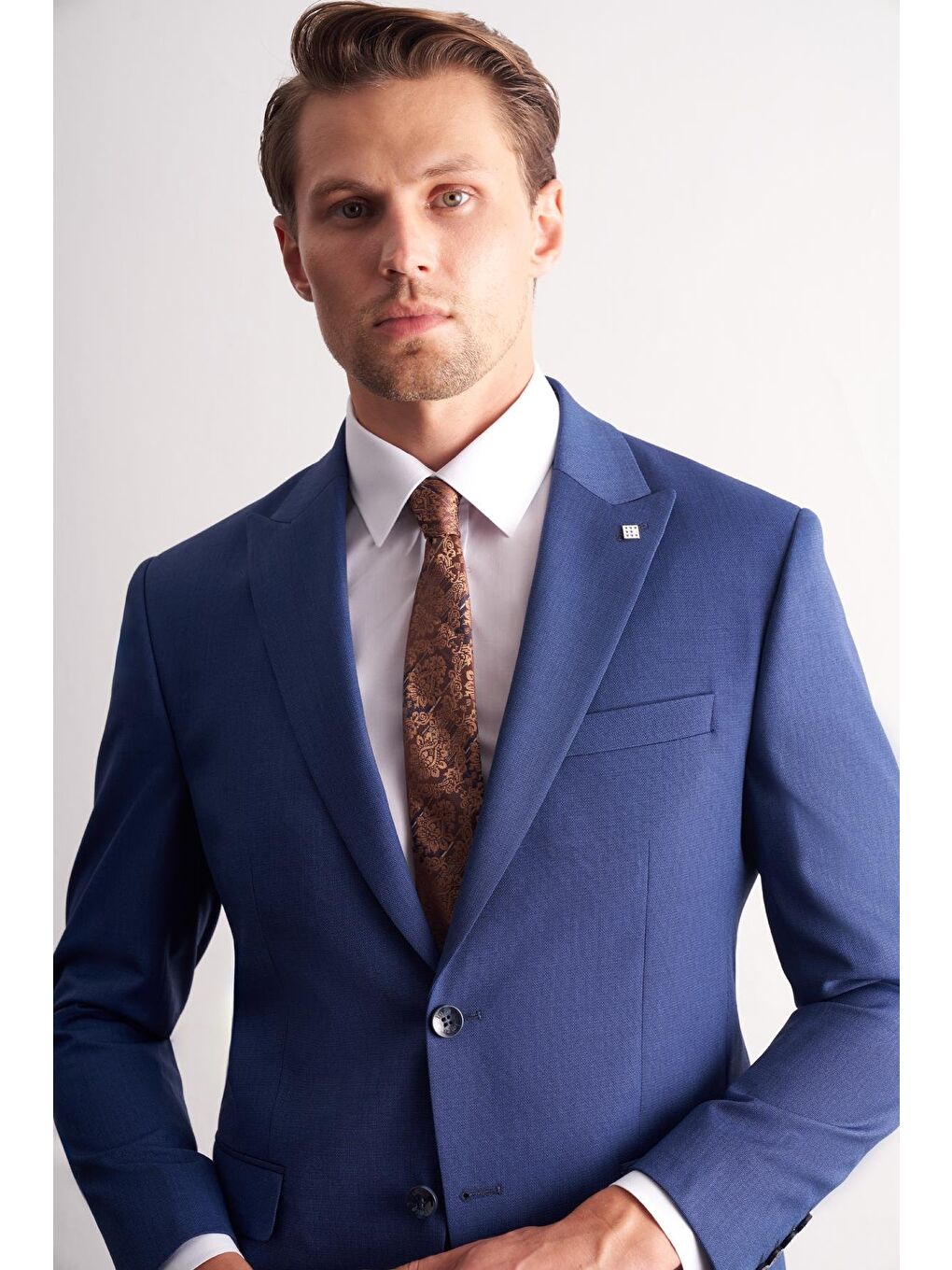 Koyu Lacivert Kırlangıç Yaka Kendinden Desenli Esnek Bel Slim Fit 6 Drop Takım Elbise 1001255168-3