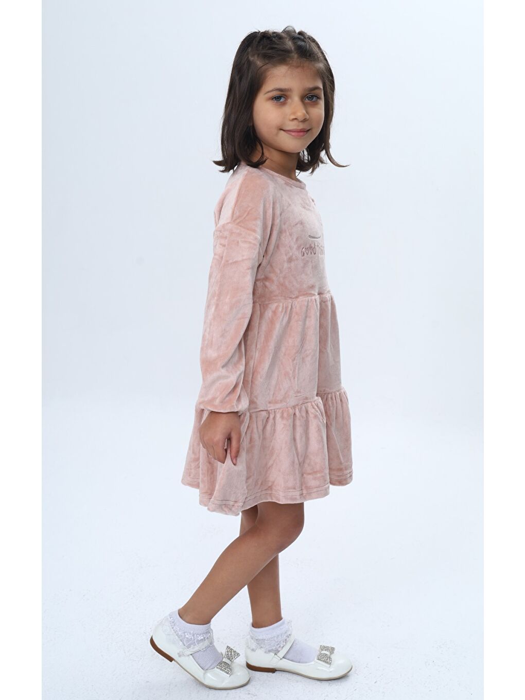 Pembe Kız Çocuk Nakışlı Elbise-3
