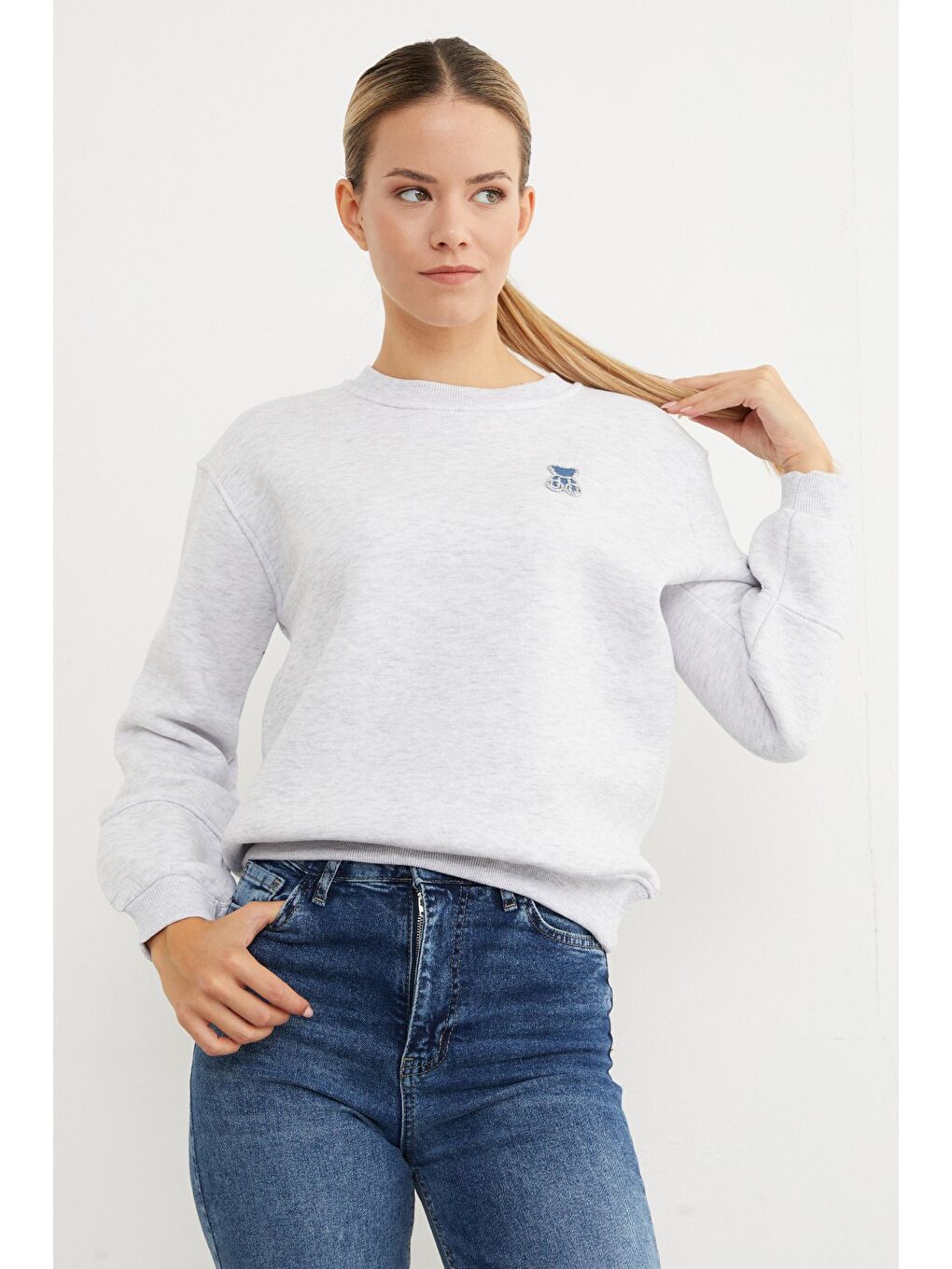 Gri 3 İplik Taş İşlemeli Ayıcık Nakışlı Sweatshirt-2