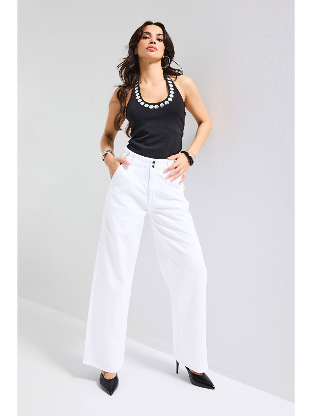 Kadın Beyaz 5s6-2 Wide Leg Kemer Detaylı Denim Jean-1