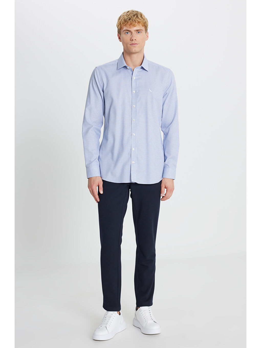 Erkek Mavi Haki Ütü Gerektirmeyen %100 Pamuk Slim Fit Klasik Yaka Armürlü Gömlek-1