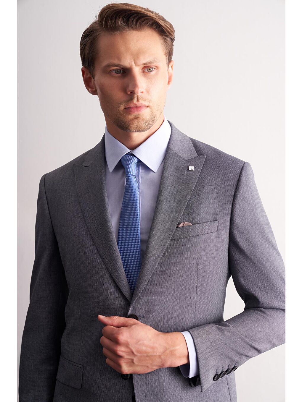 Gri Füme Kırlangıç Yaka Kendinden Desenli Esnek Bel Slim Fit 6 Drop Takım Elbise 1001255168-3