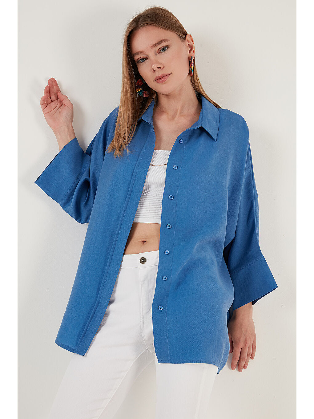 Mavi Truvakar Kol Oversize Kadın Gömlek 514344013-5