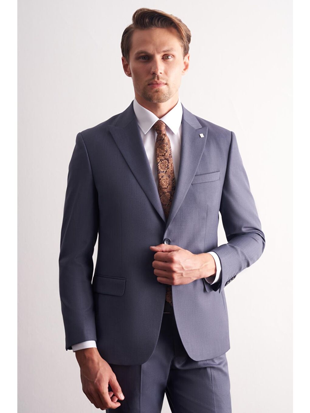 - Lacivert Kırlangıç Yaka Kendinden Desenli Esnek Bel Slim Fit 6 Drop Takım Elbise 1001255168-1