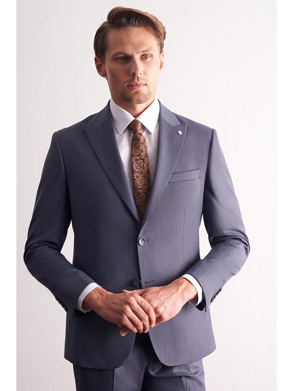 - Lacivert Kırlangıç Yaka Kendinden Desenli Esnek Bel Slim Fit 6 Drop Takım Elbise 1001255168-2