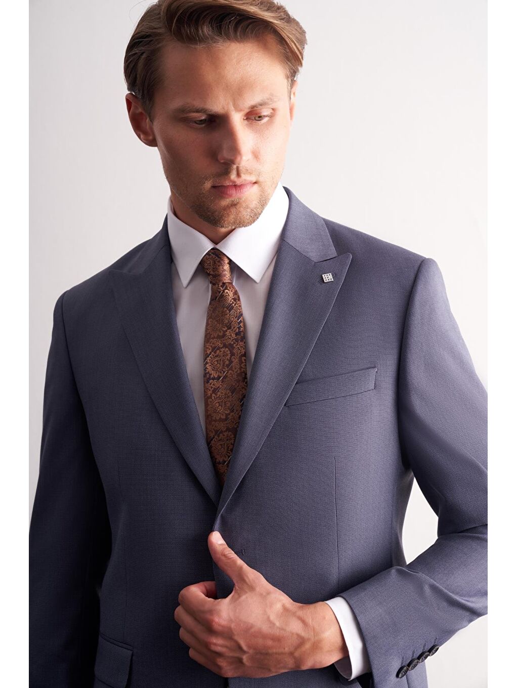 - Lacivert Kırlangıç Yaka Kendinden Desenli Esnek Bel Slim Fit 6 Drop Takım Elbise 1001255168-3